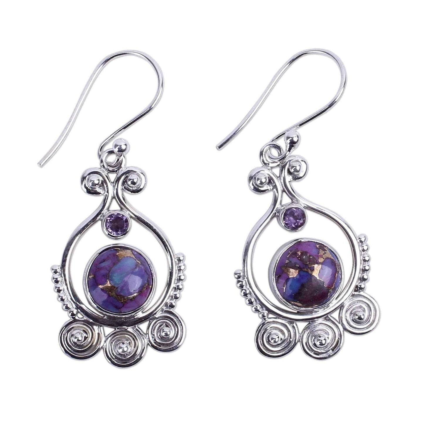 Handmade Sterling Silver 'Exotic Swirls' Turquoise Amethyst Earrings (India) UK