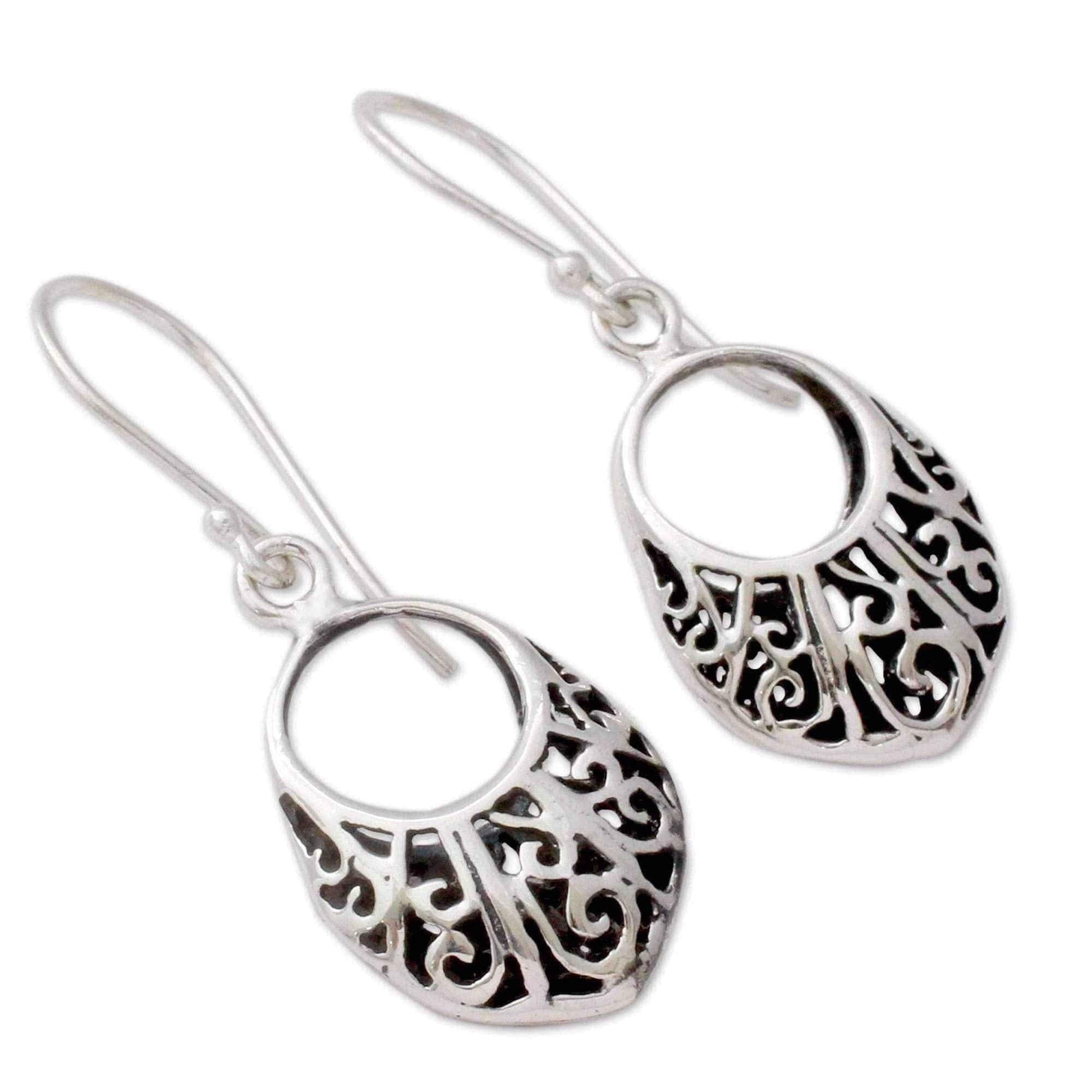 Handmade Sterling Silver 'Floral Basket' Earrings (India) UK