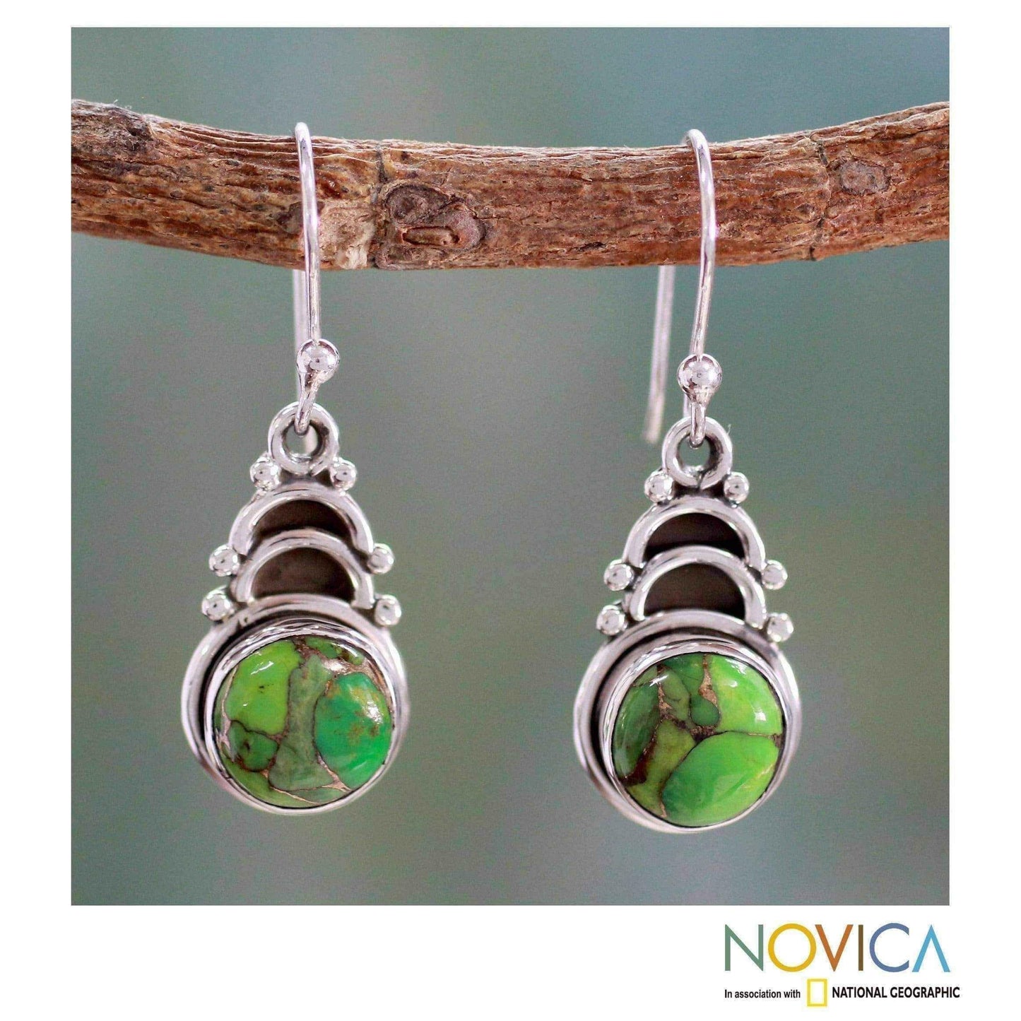 Handmade Sterling Silver 'Forest Hope' Composite Turquoise Earrings (India) UK