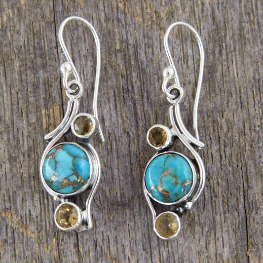 Handmade Sterling Silver 'Golden Sky' Citrine Turquoise Earrings (India) UK