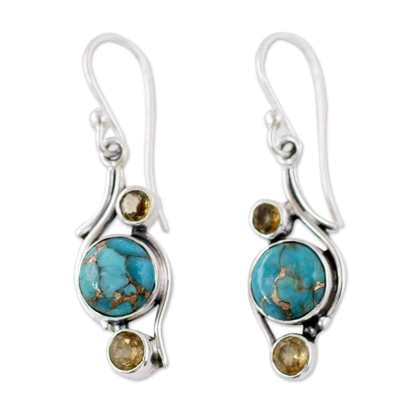 Handmade Sterling Silver 'Golden Sky' Citrine Turquoise Earrings (India) UK