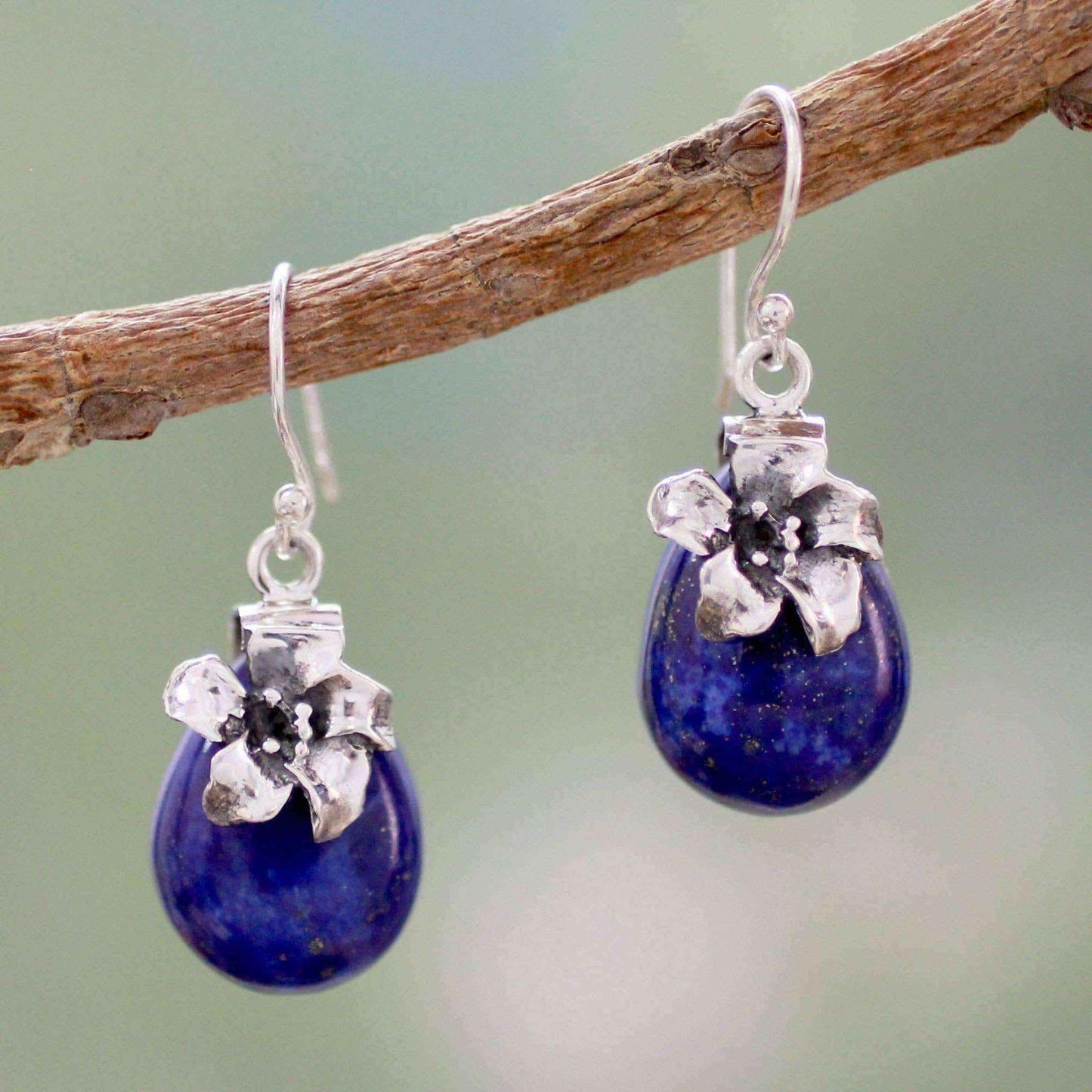 Handmade Sterling Silver 'Lovely Lily' Lapis Lazuli Earrings (India) UK