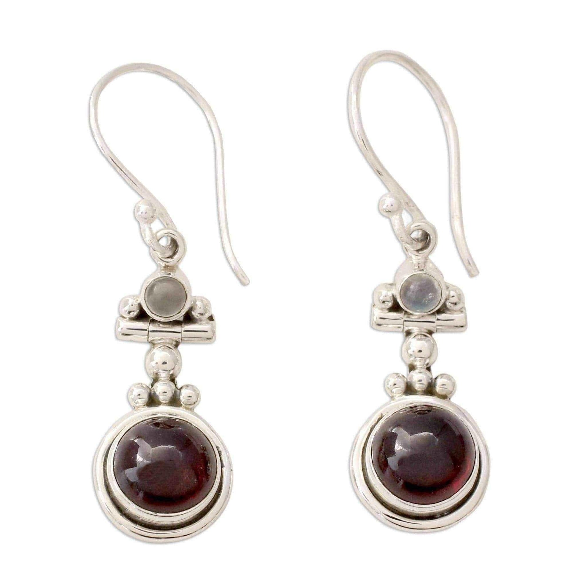 Handmade Sterling Silver 'Misty Moon' Garnet Moonstone Earrings (India) UK
