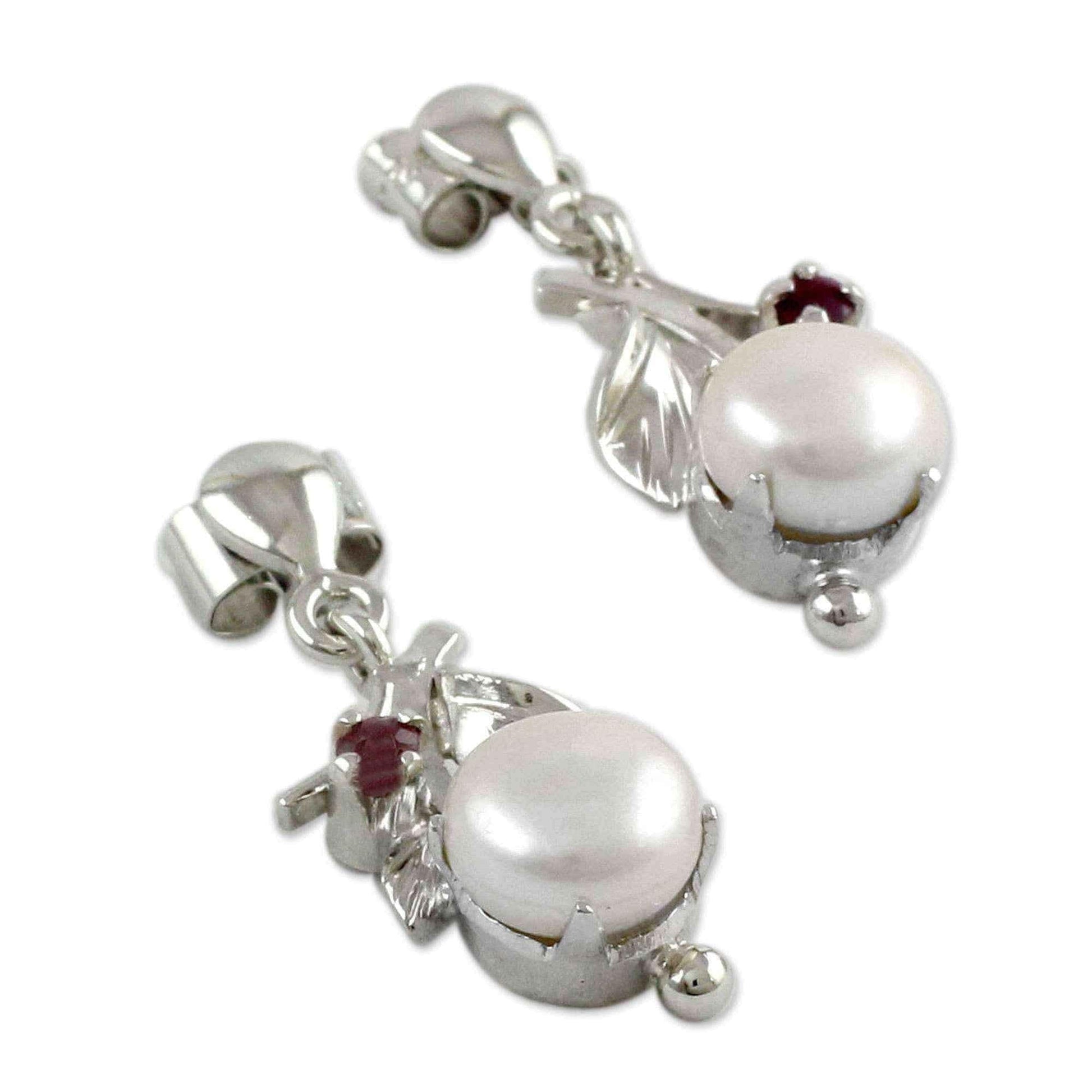 Handmade Sterling Silver 'Nature's Gift' Cultured Pearl Ruby Earrings (7 mm) (India) UK