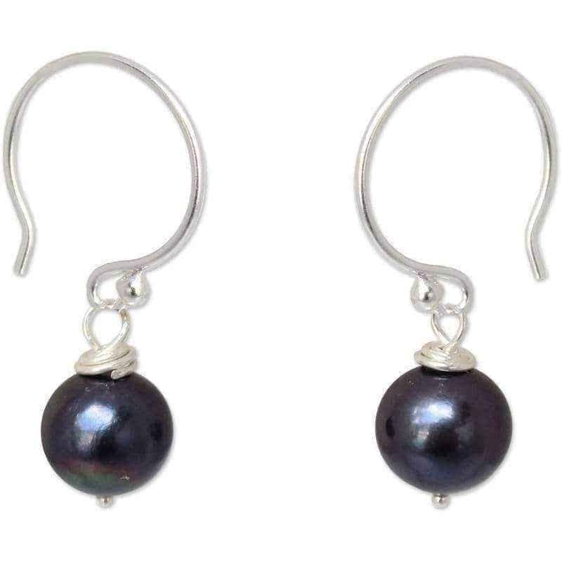 Handmade Sterling Silver Night Queen Black Pearl Dangling Style Earrings (7 mm) (Thailand) UK