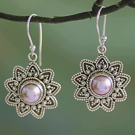 Handmade Sterling Silver 'Passionate Flower' Cultured Pearl Earrings (9 mm) (India) UK