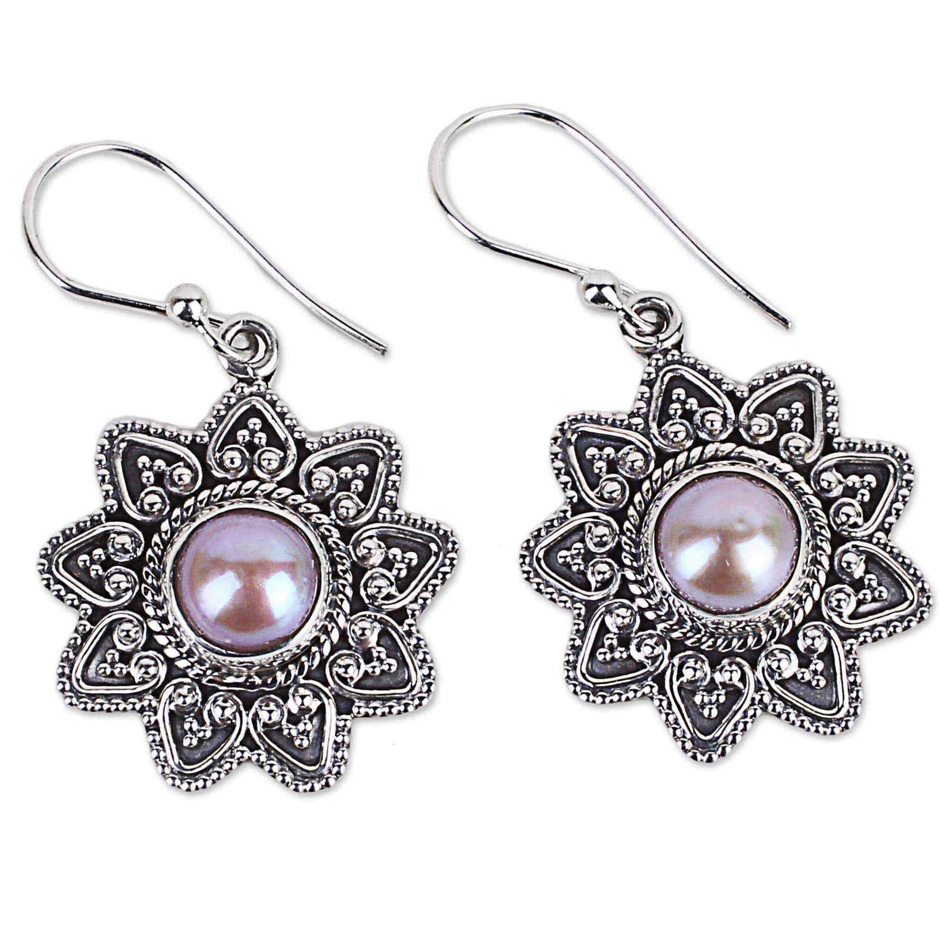 Handmade Sterling Silver 'Passionate Flower' Cultured Pearl Earrings (9 mm) (India) UK