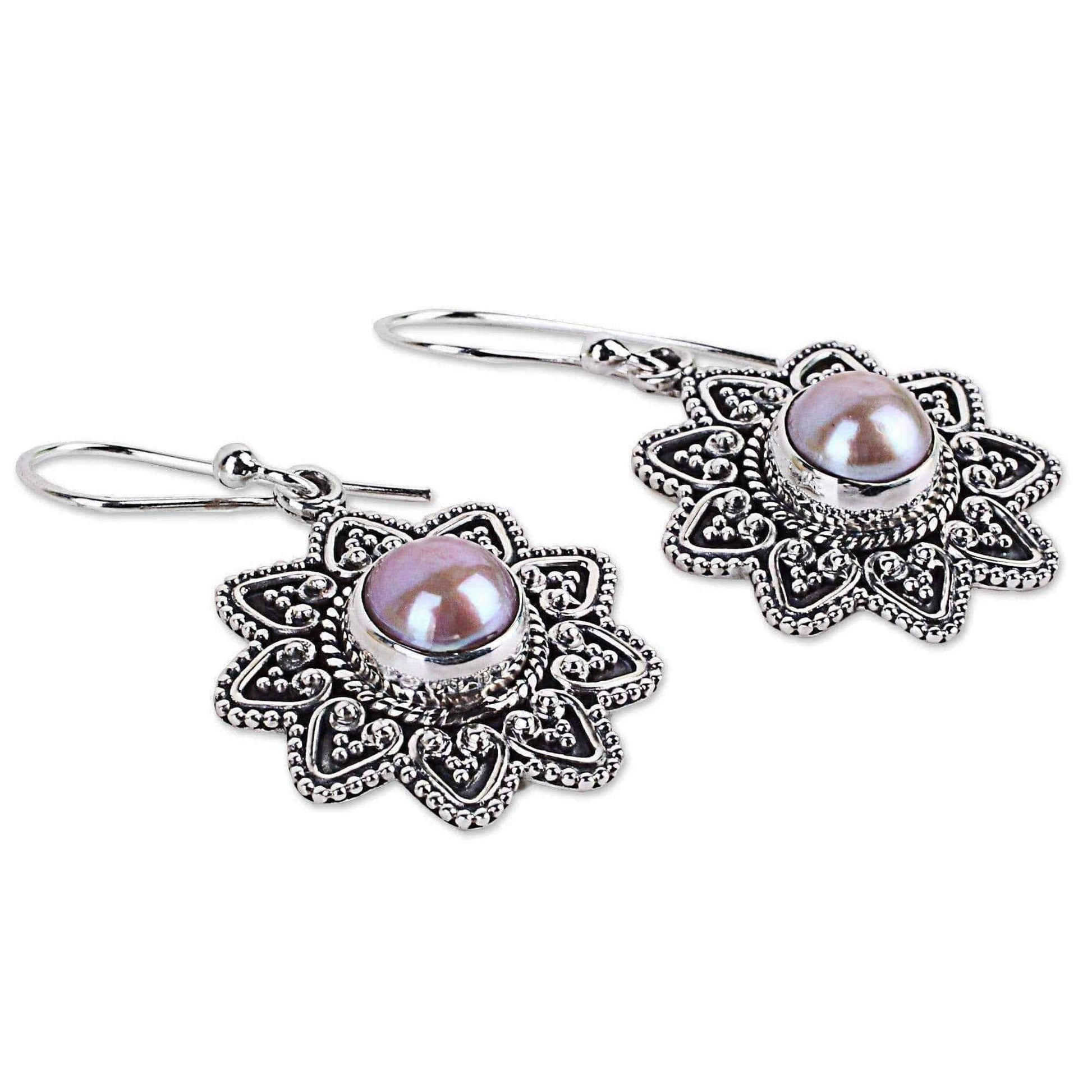 Handmade Sterling Silver 'Passionate Flower' Cultured Pearl Earrings (9 mm) (India) UK