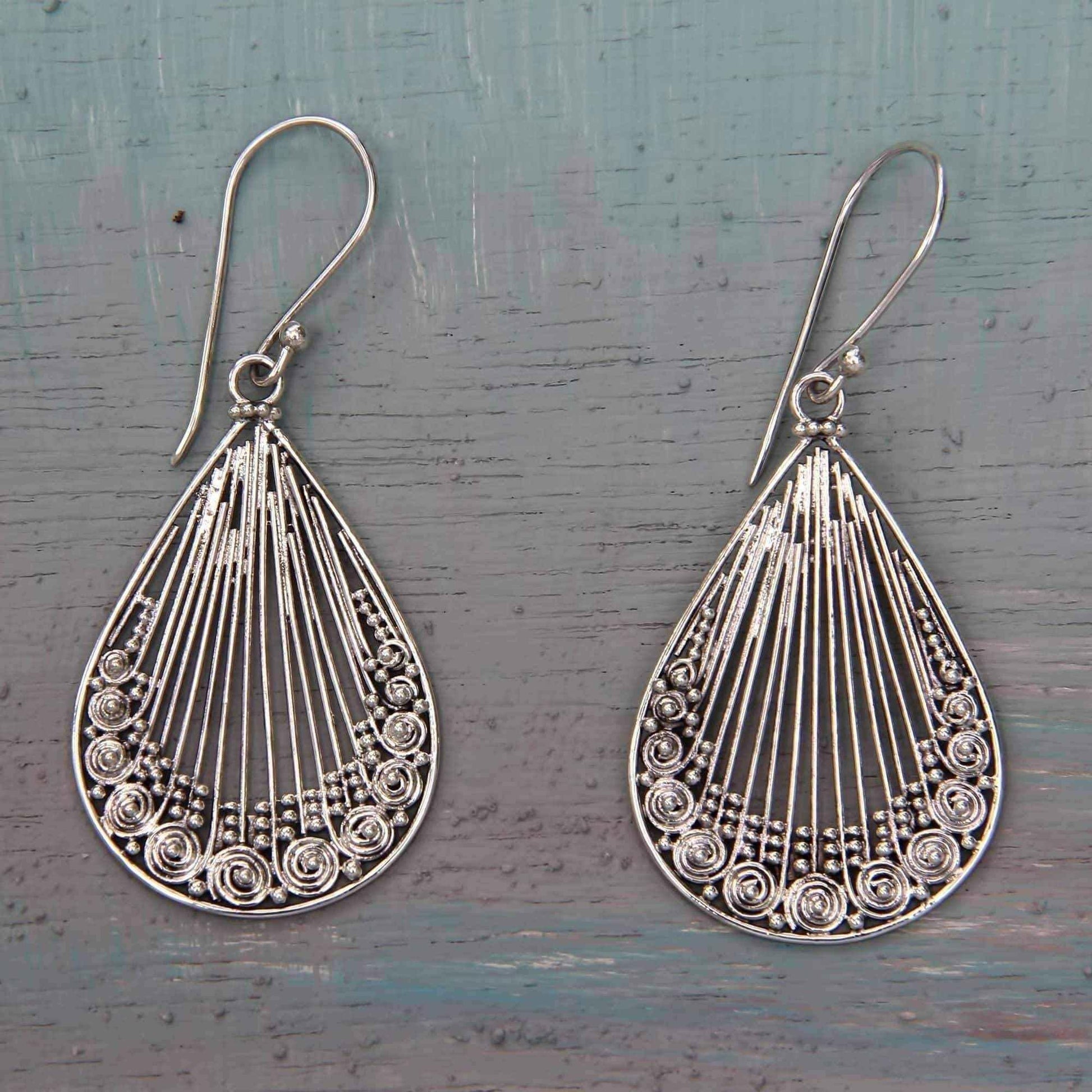 Handmade Sterling Silver 'Peacock Feather' Earrings (Indonesia) UK