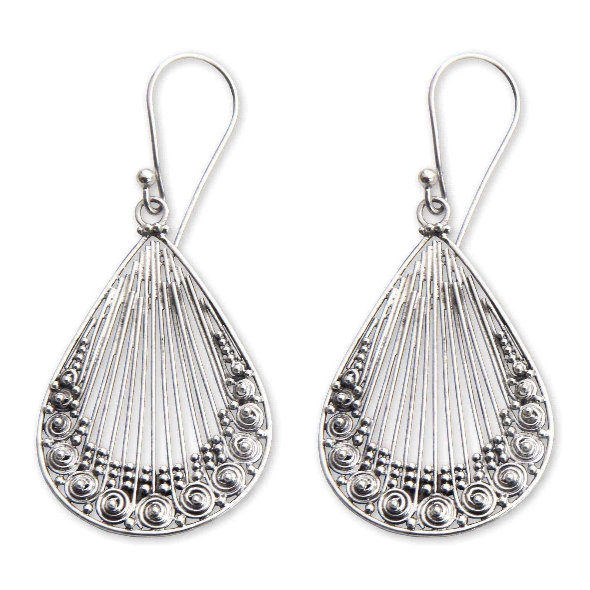 Handmade Sterling Silver 'Peacock Feather' Earrings (Indonesia) UK