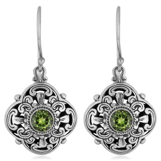 Handmade Sterling Silver Peridot 'Floral Cawi' Dangle Earrings (Indonesia) UK