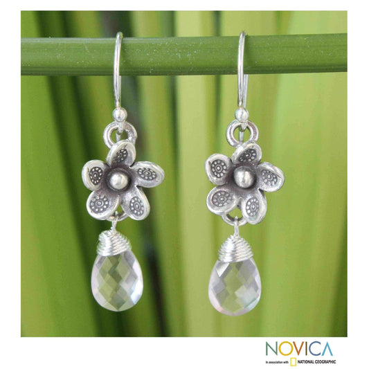 Handmade Sterling Silver 'Rainforest Roses' Rose Quartz Earrings (Thailand) UK