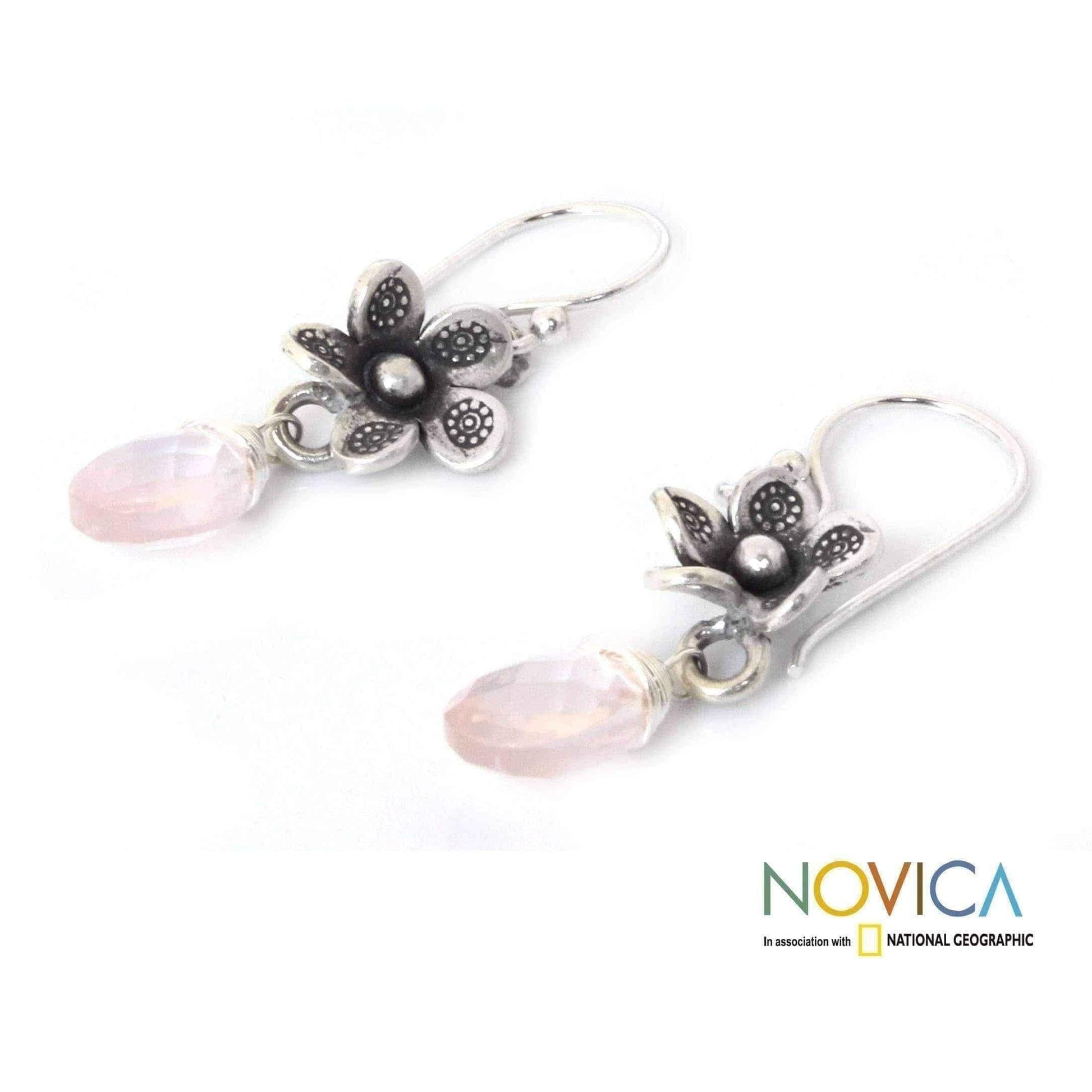 Handmade Sterling Silver 'Rainforest Roses' Rose Quartz Earrings (Thailand) UK