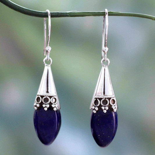 Handmade Sterling Silver Regal Lapis Lazuli Dangling Earrings (India) UK