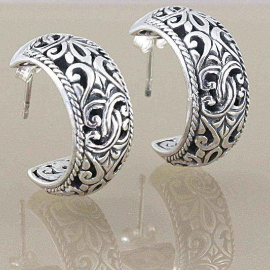 Handmade Sterling Silver Scroll Work Bali Hoop Earrings (Indonesia) UK