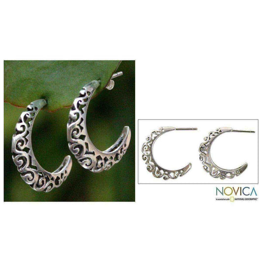 Handmade Sterling Silver 'Silver Lace' Half Hoop Earrings (Thailand) UK