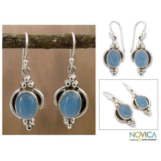 Handmade Sterling Silver 'Sky Charm' Chalcedony Dangle Earrings (India) UK