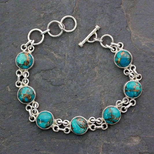 Handmade Sterling Silver Sky Paths Turquoise Link Bracelet (7.25 IN)(India) UK