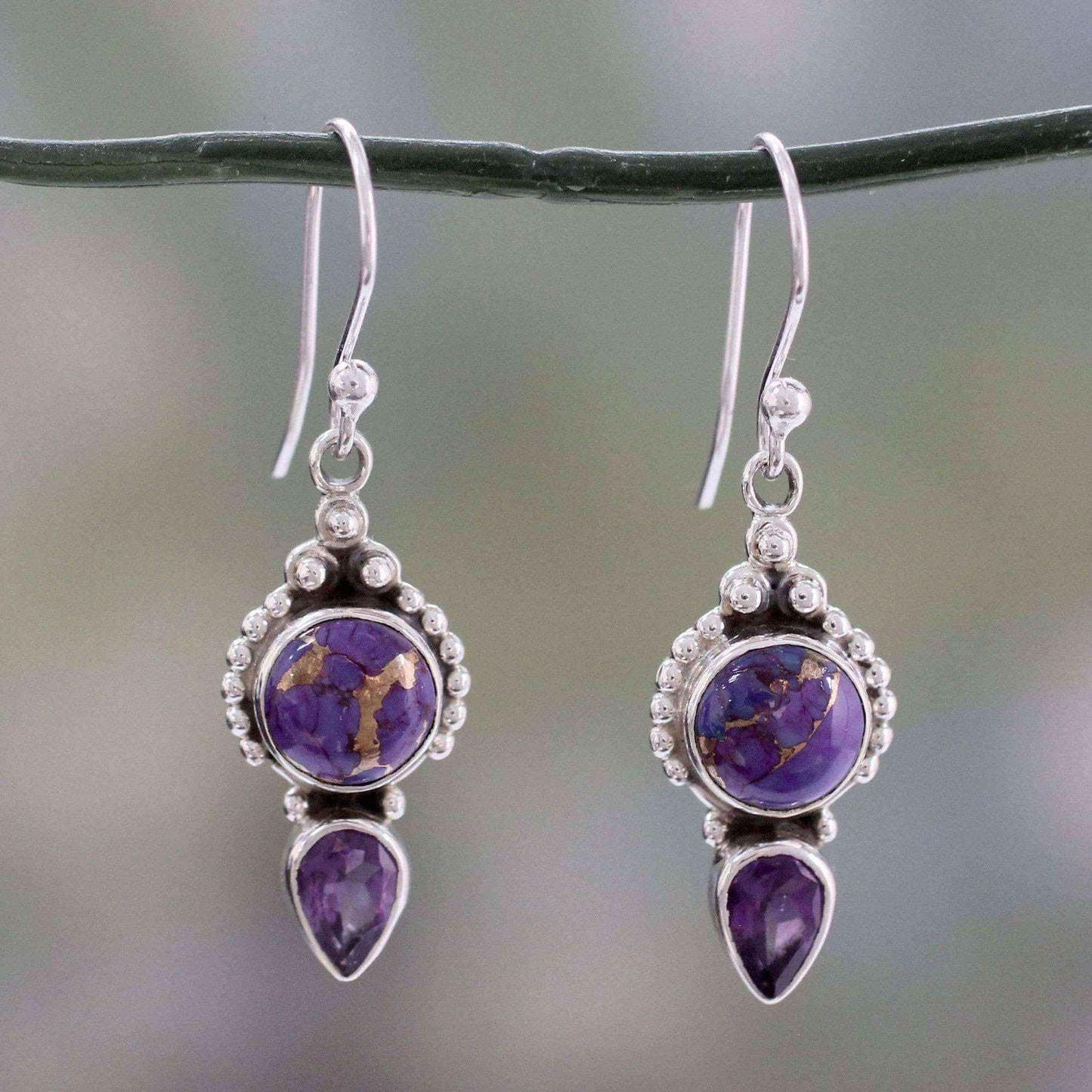 Handmade Sterling Silver Vision in Purple Amethyst Turquoise Dangling Style Earrings (India) UK