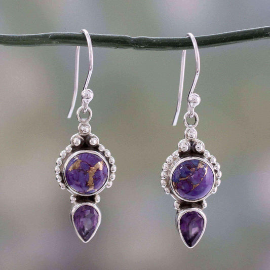 Handmade Sterling Silver Vision in Purple Amethyst Turquoise Dangling Style Earrings (India) UK