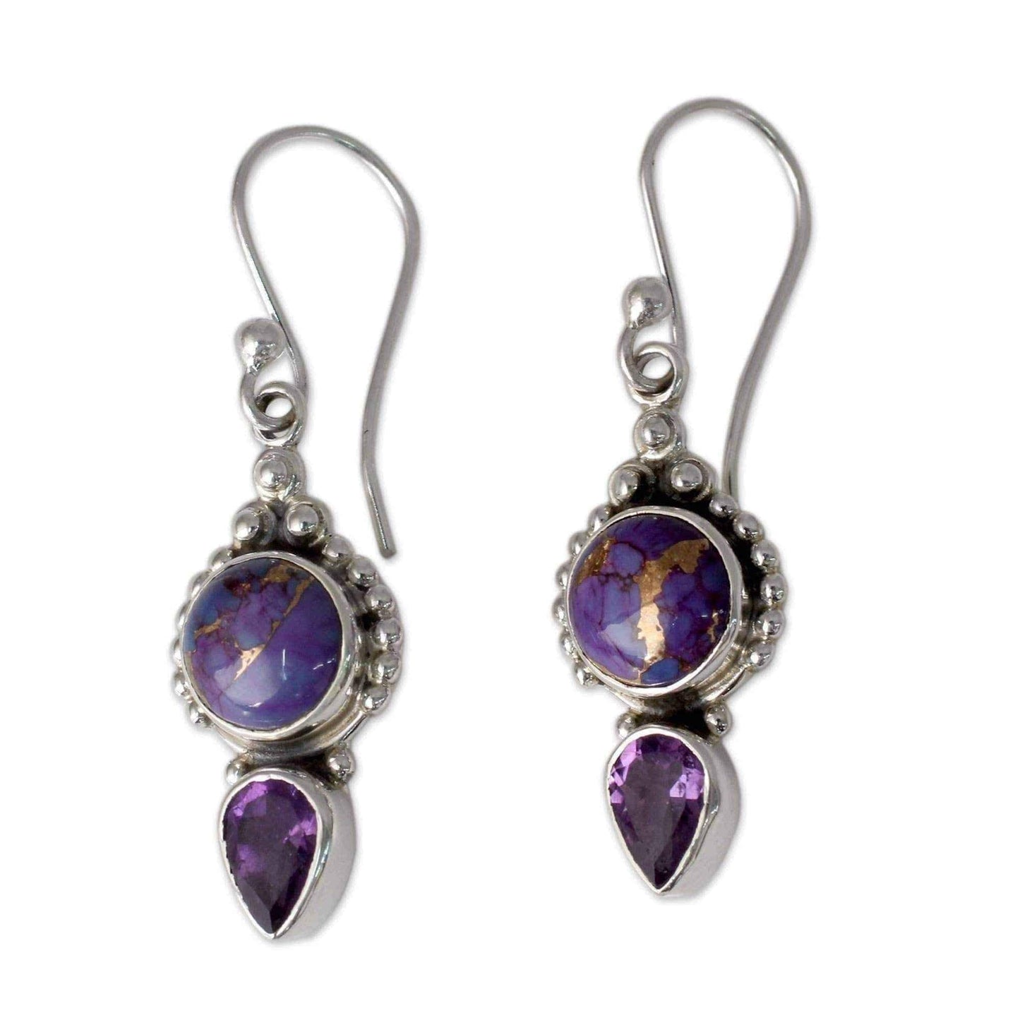 Handmade Sterling Silver Vision in Purple Amethyst Turquoise Dangling Style Earrings (India) UK