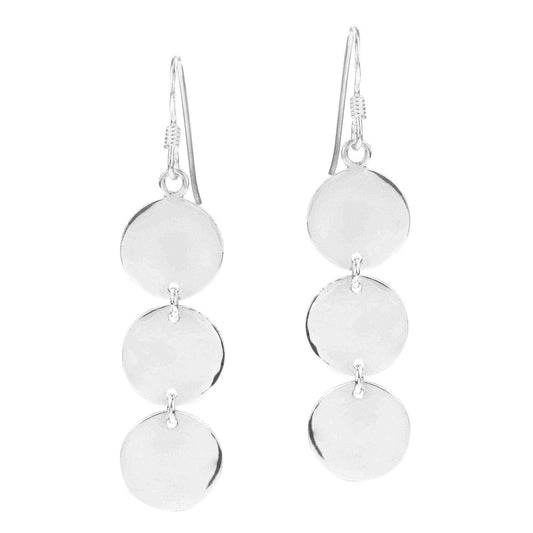Handmade Triple Round Shiny Disc Drop .925 Silver Dangle Earrings (Thailand) UK