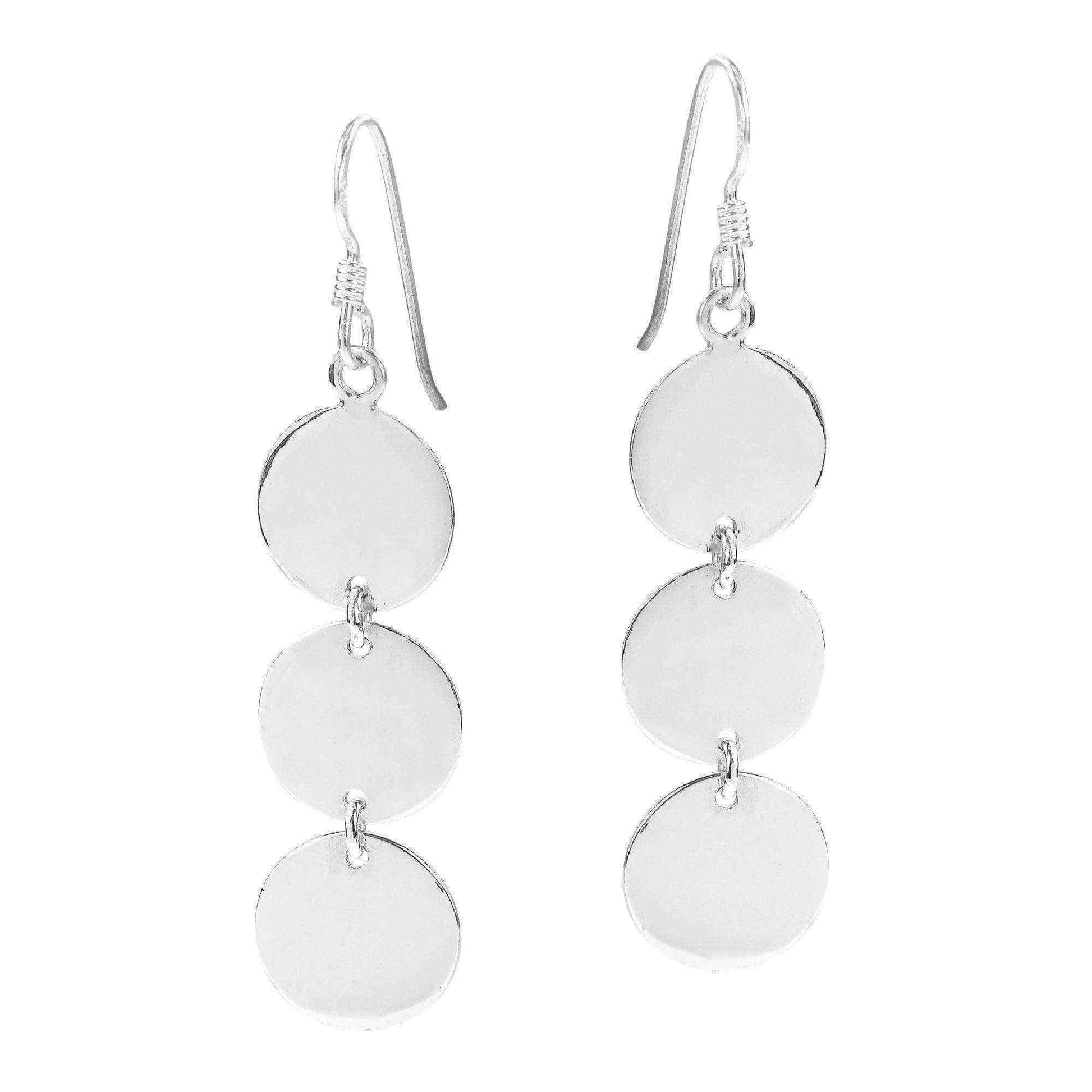 Handmade Triple Round Shiny Disc Drop .925 Silver Dangle Earrings (Thailand) UK