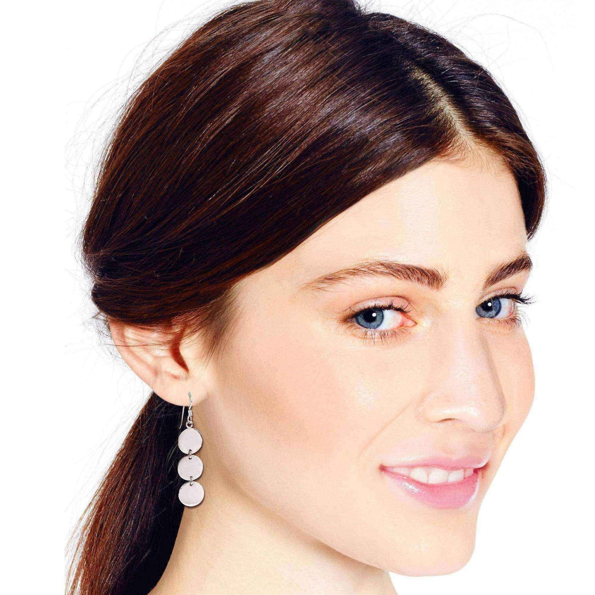 Handmade Triple Round Shiny Disc Drop .925 Silver Dangle Earrings (Thailand) UK