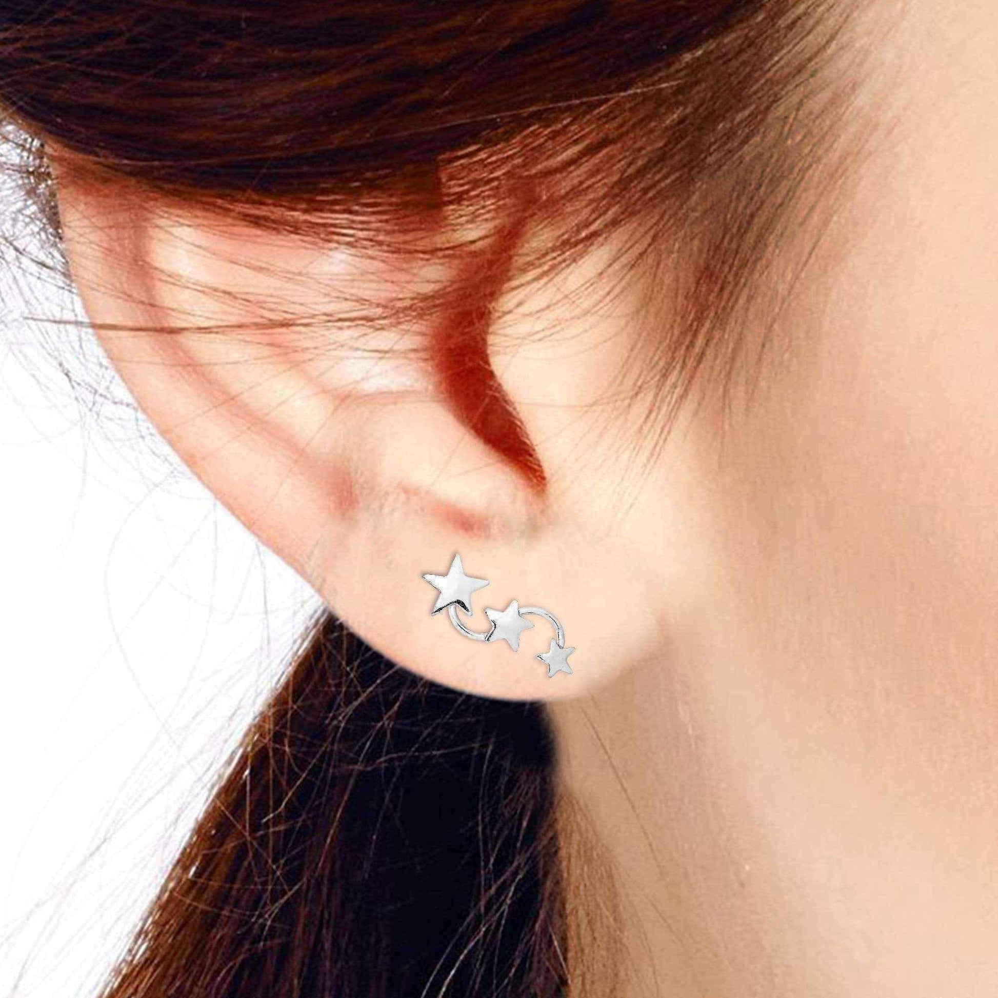 Handmade Triple Shiny Star Studded Earlobe .925 Silver Post Earrings (Thailand) UK