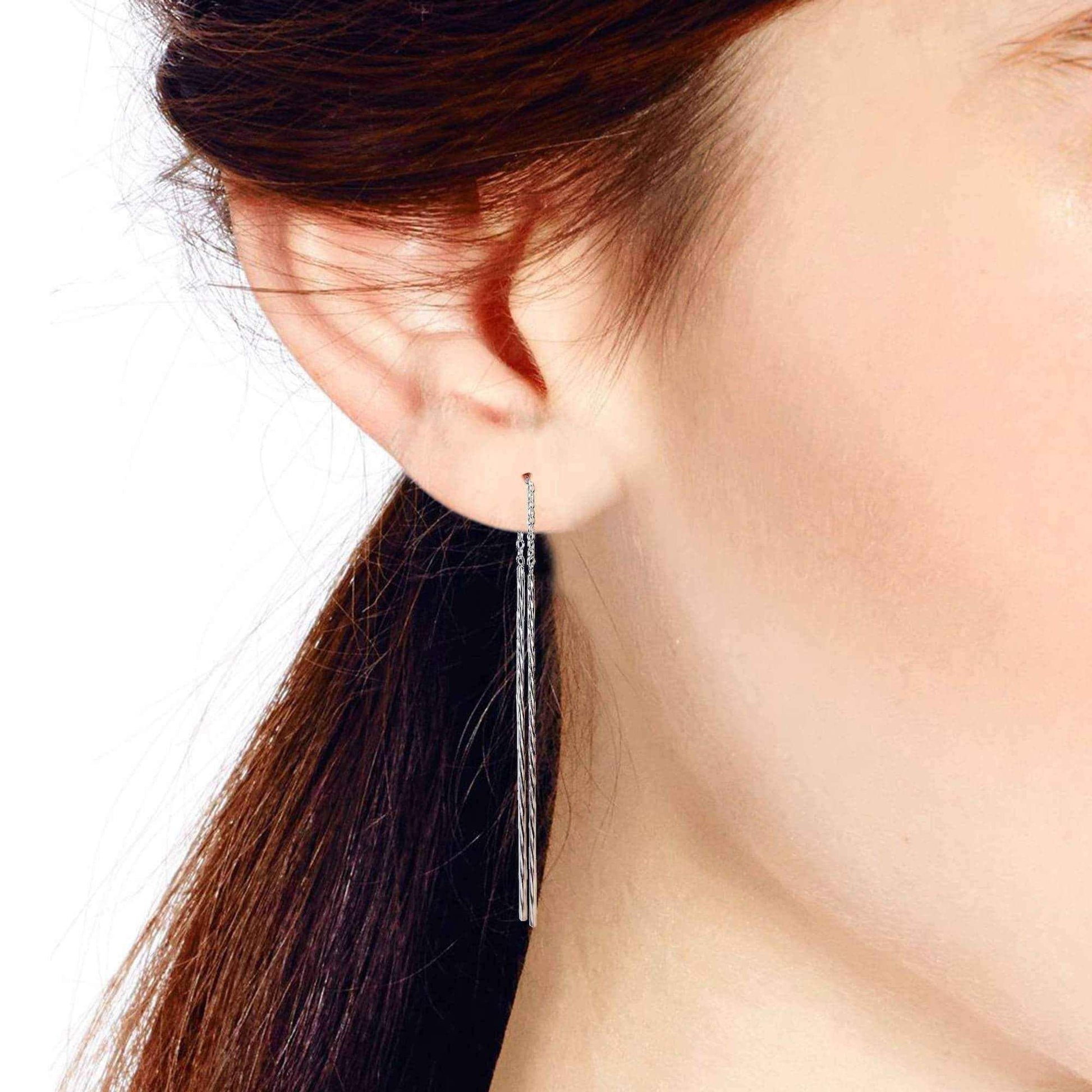 Handmade Twisted Stick Ear Thread Slide Through 925 Silver Earrings (Thailand) UK