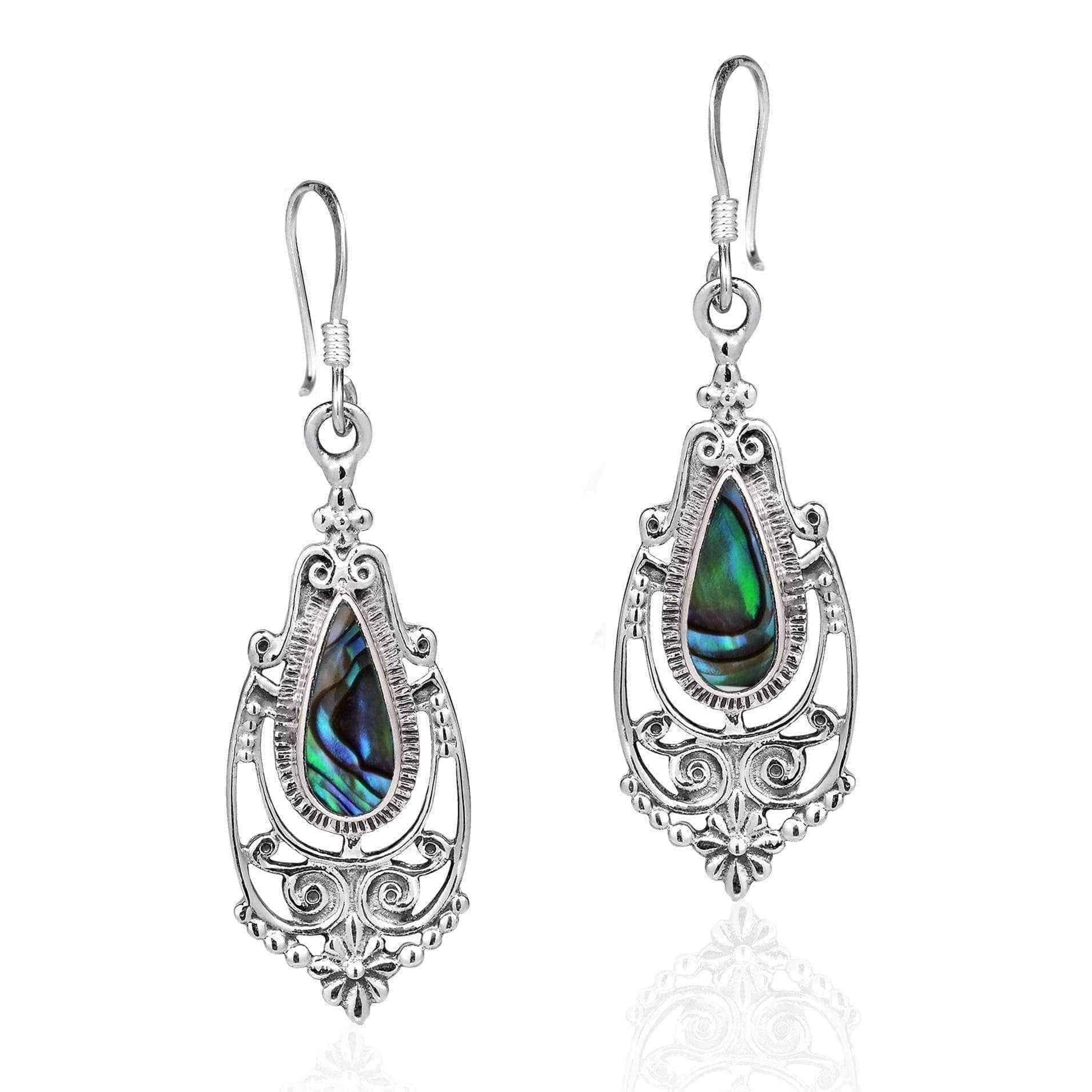 Handmade Victorian Teardrop Stone Inlay .925 Silver Dangle Earrings (Thailand) UK