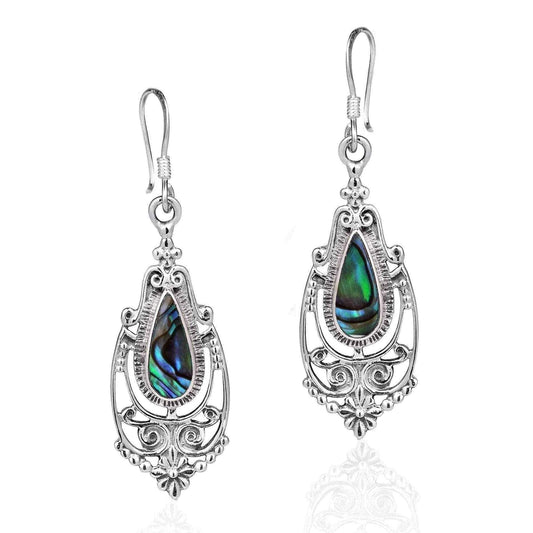 Handmade Victorian Teardrop Stone Inlay .925 Silver Dangle Earrings (Thailand) UK