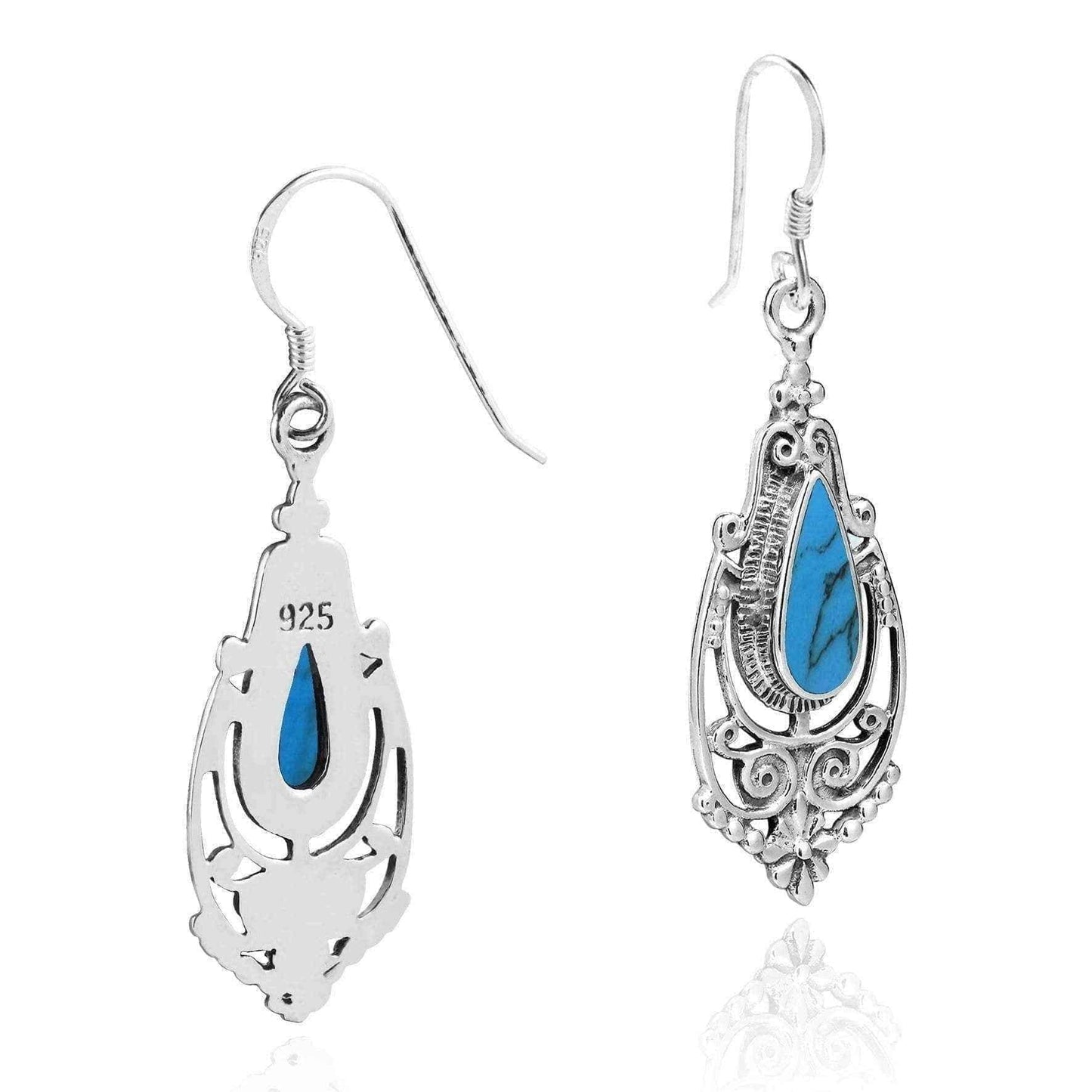 Handmade Victorian Teardrop Stone Inlay .925 Silver Dangle Earrings (Thailand) UK