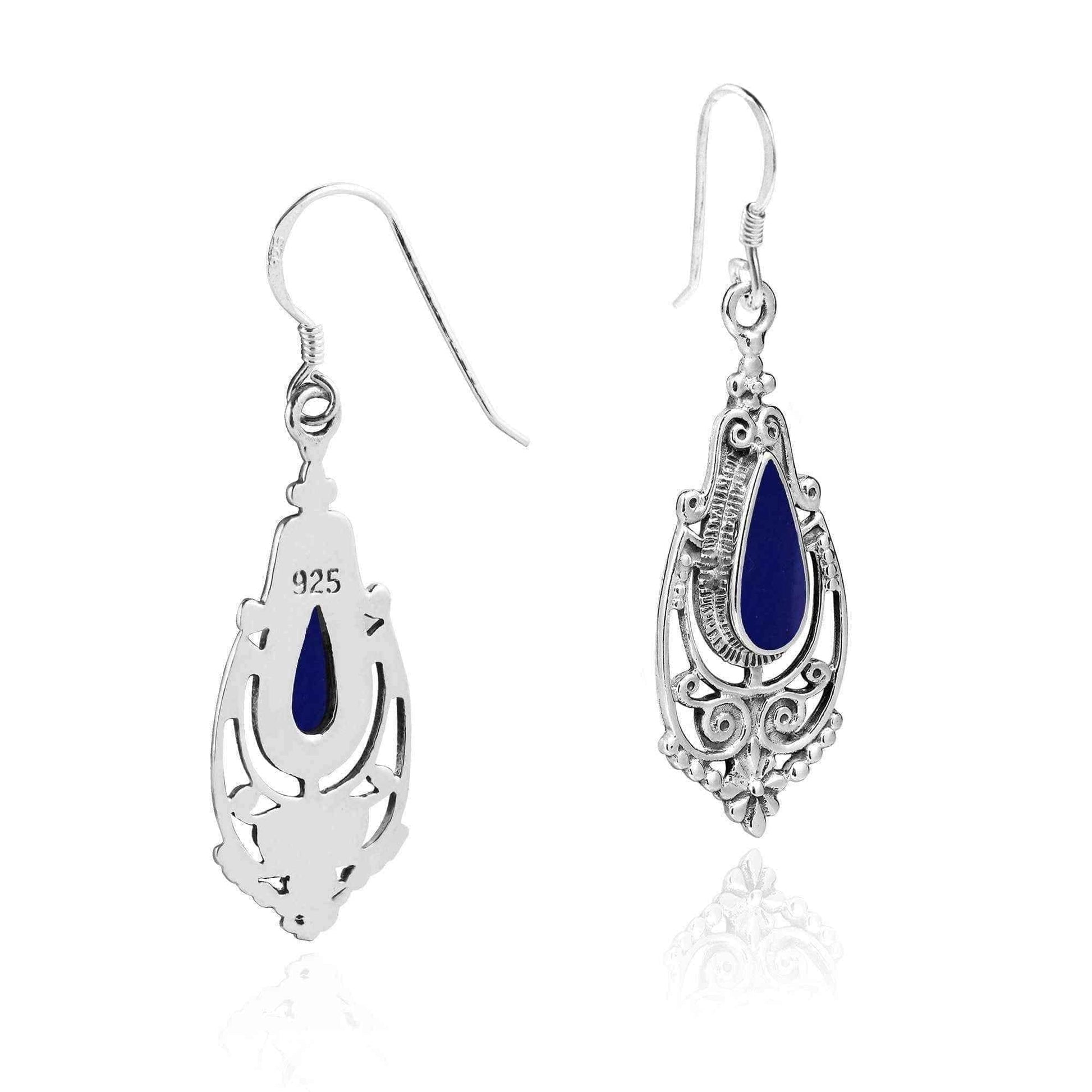 Handmade Victorian Teardrop Stone Inlay .925 Silver Dangle Earrings (Thailand) UK