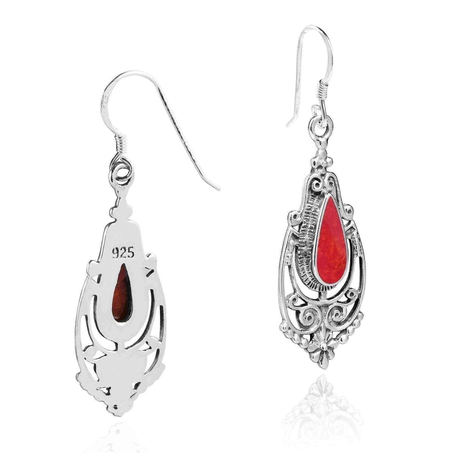 Handmade Victorian Teardrop Stone Inlay .925 Silver Dangle Earrings (Thailand) UK