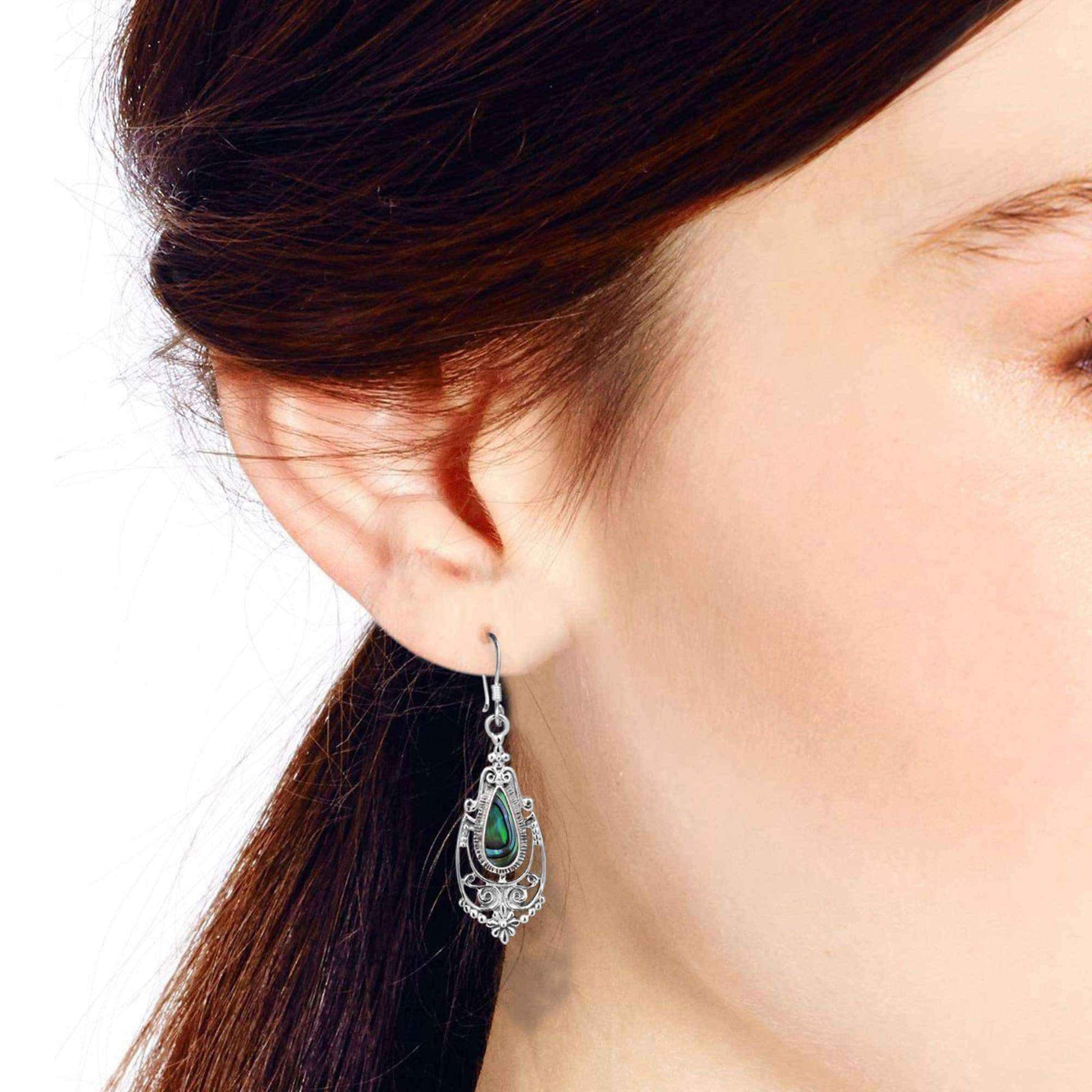 Handmade Victorian Teardrop Stone Inlay .925 Silver Dangle Earrings (Thailand) UK