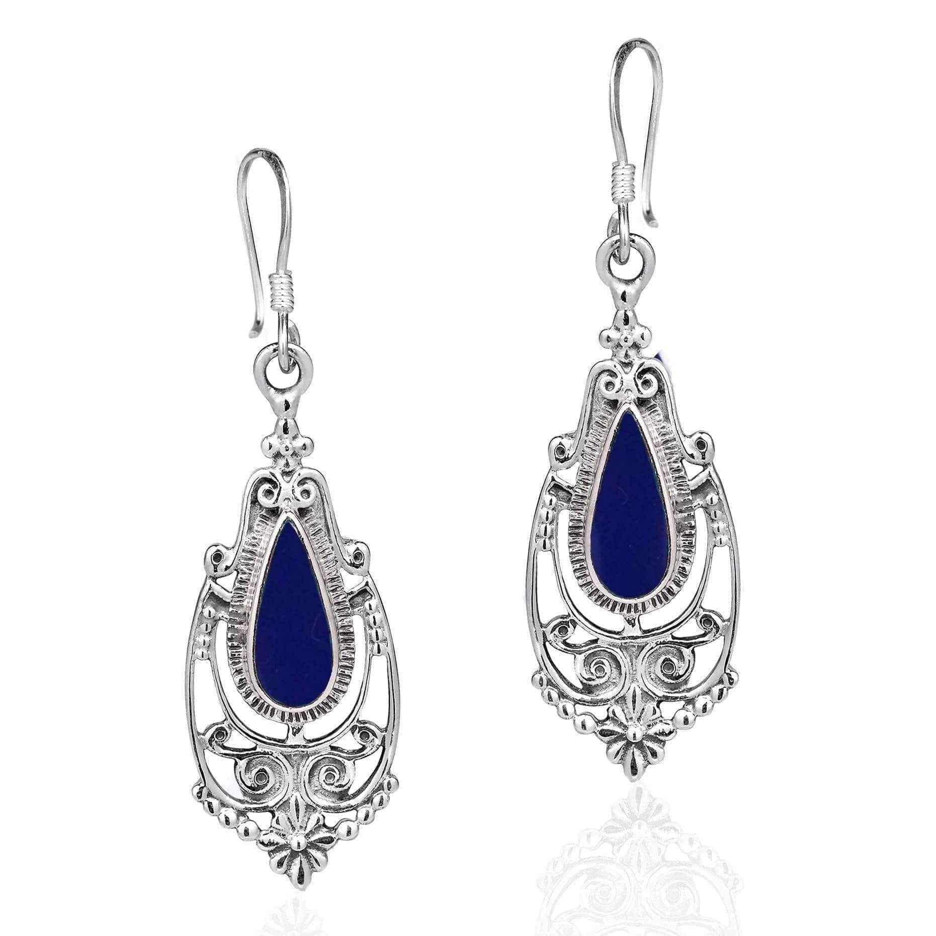 Handmade Victorian Teardrop Stone Inlay .925 Silver Dangle Earrings (Thailand) UK