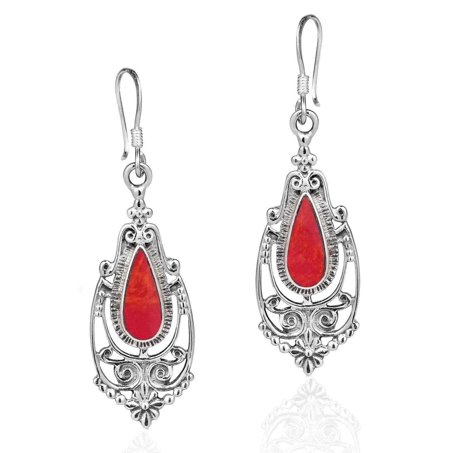 Handmade Victorian Teardrop Stone Inlay .925 Silver Dangle Earrings (Thailand) UK