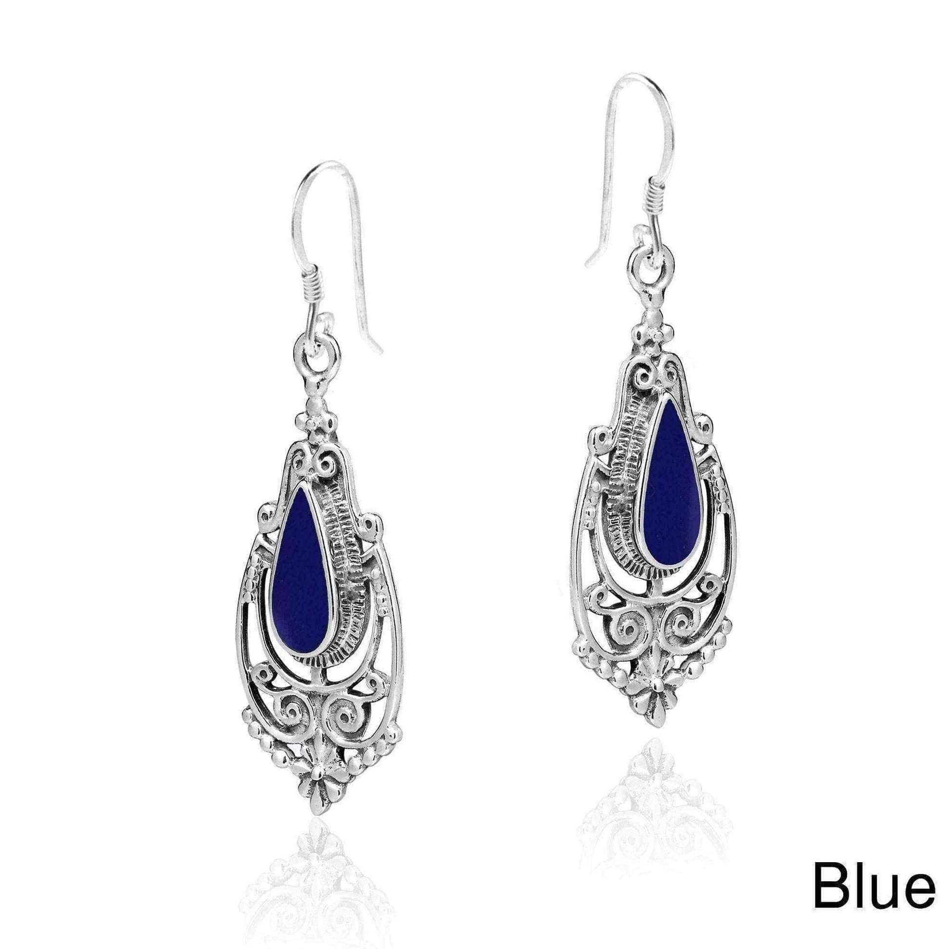 Handmade Victorian Teardrop Stone Inlay .925 Silver Dangle Earrings (Thailand) UK