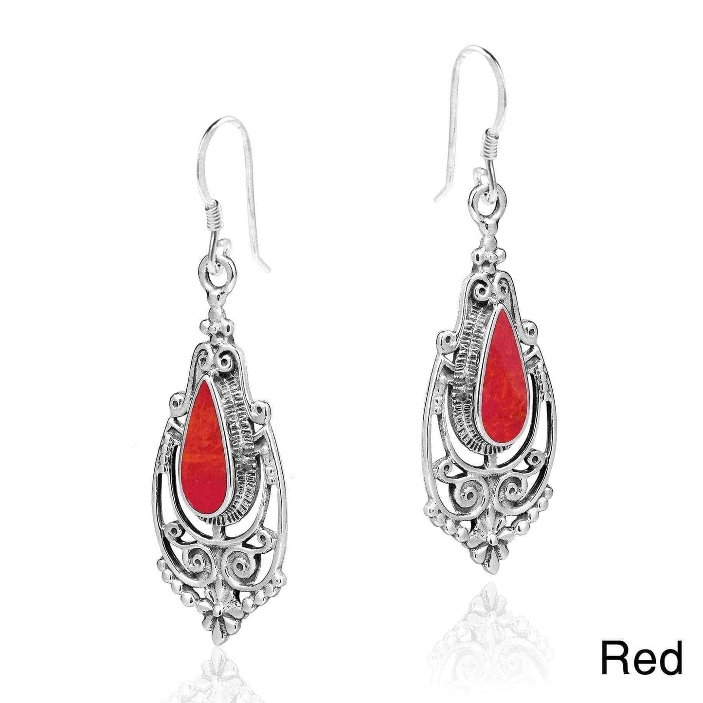 Handmade Victorian Teardrop Stone Inlay .925 Silver Dangle Earrings (Thailand) UK