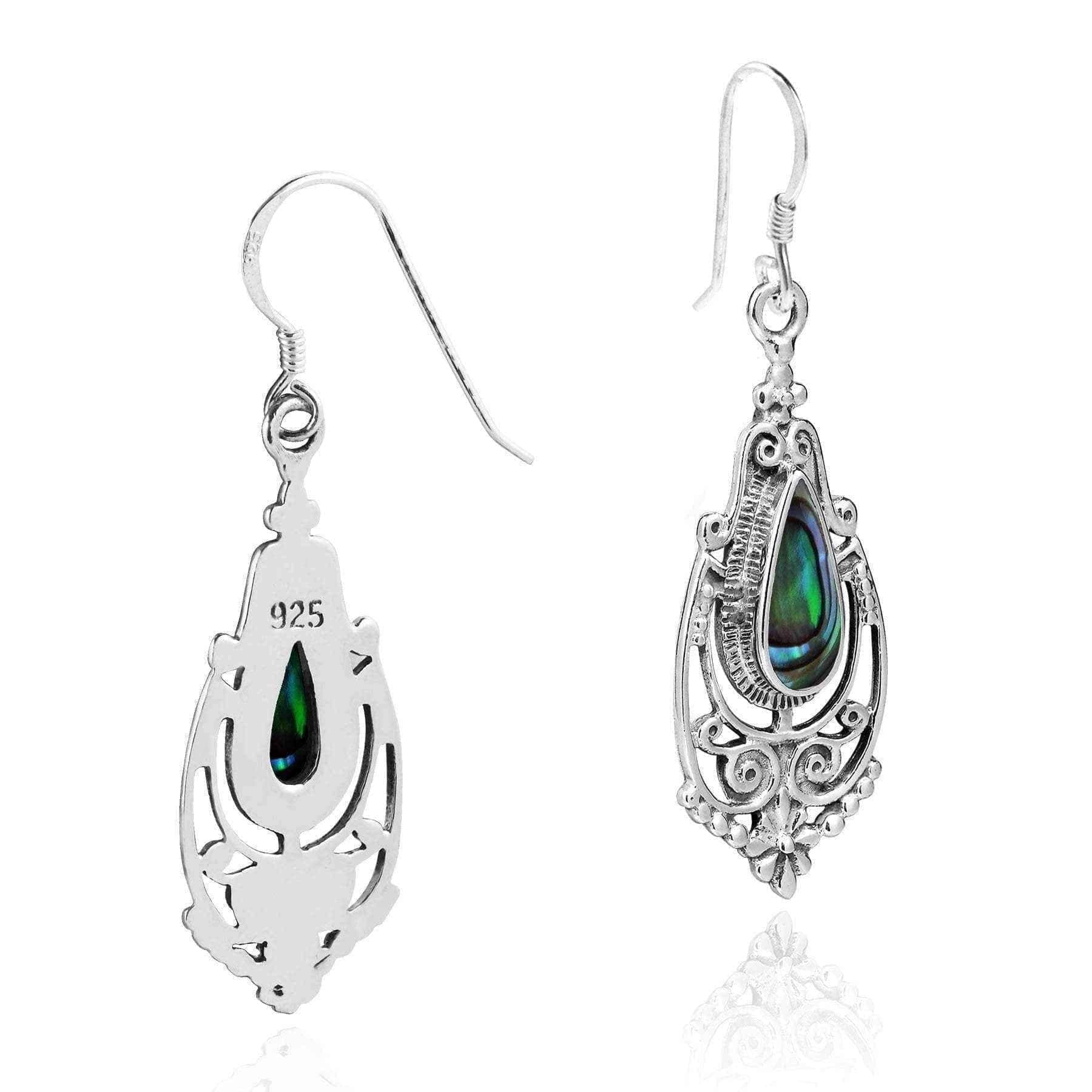 Handmade Victorian Teardrop Stone Inlay .925 Silver Dangle Earrings (Thailand) UK