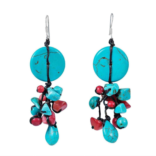 Multi-Stone Turqouise Synthetic Coral .925 Silver Cluster Earrings UK